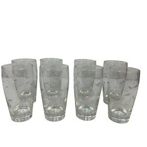 Set Of 8 Clear Glasses With Etched Leaf Pattern 16 Oz Tumbler Style Drinkware